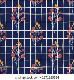 Cartoon seamless pattern with orange blackberries print. Navy blue dark background with check. Perfect for fabric design, textile print, wrapping, cover. Vector illustration.