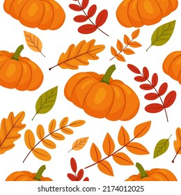 Cartoon seamless pattern with orange pumpkins and falling leaves. Vector illustration for fall design, thanksgiving day.