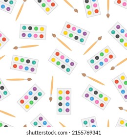 cartoon seamless pattern with paints on white backdrop, back to school, stationery vector illustration for wallpaper, wrap paper, apparel