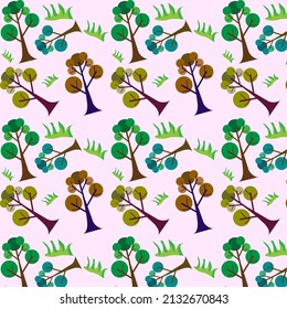 Cartoon seamless pattern palm tree with grass and tree. For fabric, scrapbooking, surface design
