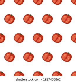 Cartoon seamless pattern for paper design with sliced in half tomato. Colorful background.