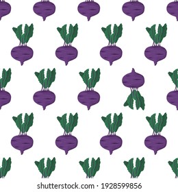 Cartoon seamless pattern for paper design with purple kohlrabi root with green leaf. Colorful background. Eye catching element - inverted vegetable.