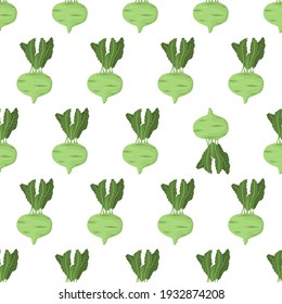 Cartoon seamless pattern for paper design with green kohlrabi root with green leaf. Colorful background. Eye catching element - inverted vegetable.