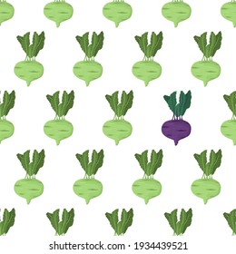 Cartoon seamless pattern for paper design with green kohlrabi root with green leaf. Eye catching element - purple vegetable.