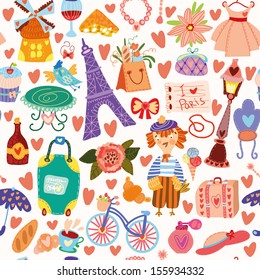 Cartoon seamless pattern with Paris elements. Seamless pattern can be used for wallpaper, pattern fills, web page background,surface textures.