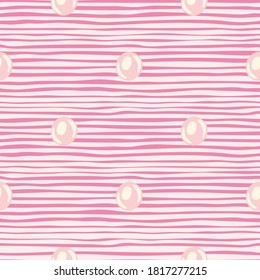 Cartoon seamless pattern with pearl silhouettes. Circle aqua shapes with stripped background. Pink palette artwork. Backdrop for wallpaper, textile, wrapping paper, fabric print. Vector illustration
