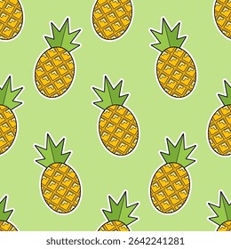Cartoon seamless pattern of pineapples isolated on green background.