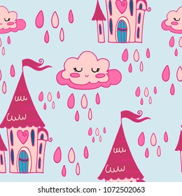 cartoon seamless pattern with pink castles and clouds on blue background, vector illustration