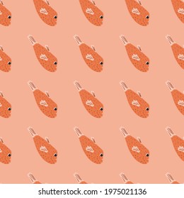 Cartoon seamless pattern in pink and red pastel tones with doodle fish silhouettes print. Scrapbook marine artwork. Designed for fabric design, textile print, wrapping, cover. Vector illustration.