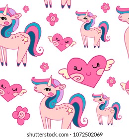 cartoon seamless pattern with pink unicorns and hearts and flowers on white background, vector illustration