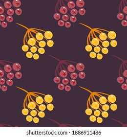 Cartoon seamless pattern with pink and yellow sorbus berries silhouettes. Purple background. Great for fabric design, textile print, wrapping, cover. Vector illustration