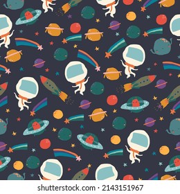 Cartoon Seamless Pattern with Planets,Stars and Astronauts