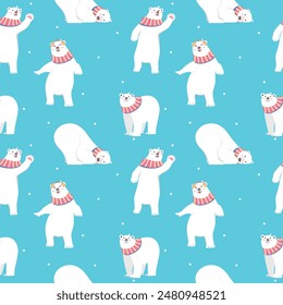 Patrón sin fisuras de dibujos animados con osos polares. Fondo azul. Perfecto para estampados de bebé, textiles para el hogar, tarjetas de Navidad, impresión de tela, Elementos de scrapbook, diseño de papel de Fondo de pantalla y envoltura.