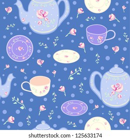 Cartoon seamless pattern with porcelain in blue colors