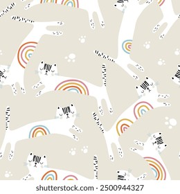 Cartoon seamless pattern with rainbow cats. Childish texture for fabric, textile, apparel, wallpaper. Vector illustration