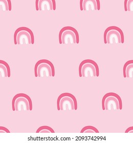 Cartoon seamless pattern with rainbows on pink background. Perfect for spring holidays, wallpaper, greeting cards. Vector illustration