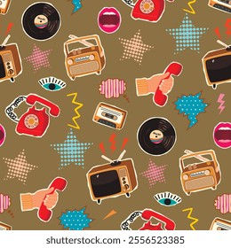 Cartoon seamless pattern with retro devices from the 80s,90s.Vintage TV, rotary phone, radio, cassette, vinyl record, open mouth, eye, hand,stars.Vector cartoon designs set.Flat color illustration.