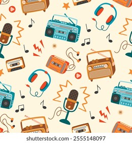 Cartoon seamless pattern with retro music equipment.Vintage electronic devices from 80s and 90s.Radio, boombox, player, cassette, headphones, microphone.Vector flat style illustration on pastel pink.