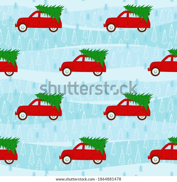 Cartoon\
seamless pattern retro red car with tree. Christmas seamless\
pattern. Vector hand drawn background for design and decoration\
textile, covers, package, wrapping\
paper.