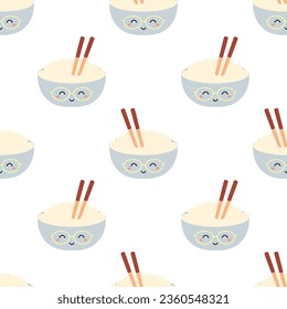 dibujos animados sin fisuras con tazón de arroz y palillos, ilustración vectorial del personaje de la comida con gracioso aislado en fondo blanco