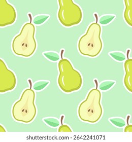 Cartoon seamless pattern of ripe pears isolated on pastel green background.
