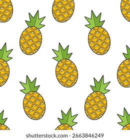 Cartoon seamless pattern of ripe pineapples isolated on white background.