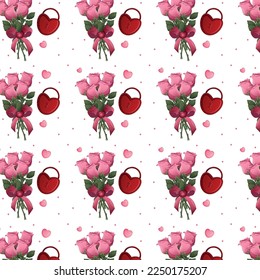 Cartoon seamless pattern with rose, lock, key and hearts. Romantic digital paper for Valentine's day, wedding invitations, greeting cards, scrapbooking, print, gift wrap. 