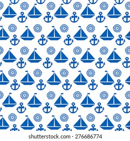 Cartoon seamless pattern with sail boats, anchors and stylized sun, background for boy kids