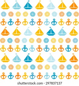 Cartoon seamless pattern with sail boats, anchors and stylized sun, background for boy kids