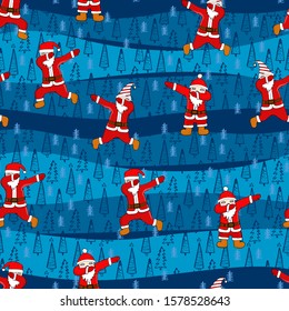 Cartoon seamless pattern Santa Claus dancing. Funny disco dancer old man. Christmas concept. Vector hand drawn background for design and decoration textile, covers, package, wrapping paper.