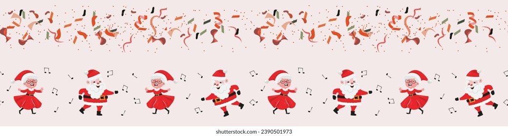 Cartoon seamless pattern with Santa Claus and Mrs. Claus dancing and celebrating Christmas 
