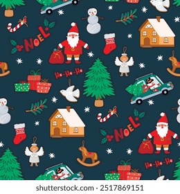 Cartoon seamless pattern with Santa Claus,Christmas tree,snowman,houses,car,angel,gifts,sock,handwritten.Funny background for printing on fabric and paper.Colorful vector design for packaging,textile.