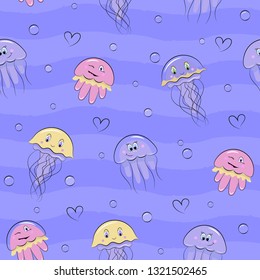 Cartoon seamless pattern with sea animals. Cute jellyfish in diffrent colors on blue background with bubbles and hearts.