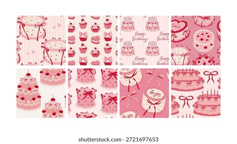 Cartoon seamless pattern set with pink cakes in coquette style. Vector repeat tiles for party, valentine day. Feminine pattern in pink and red colors
