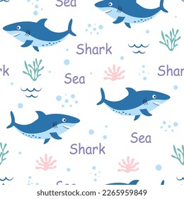 cartoon seamless pattern with shark, vector illustration in flat style, background with underwater animal for kids