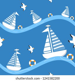 cartoon seamless pattern ship ocean sea background with vector design