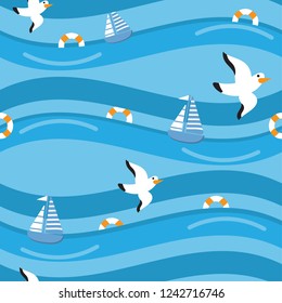 cartoon seamless pattern ship ocean sea background with vector design