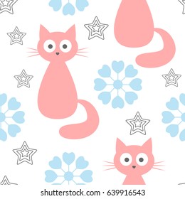 Cartoon seamless pattern. Silhouette of funny cat with big eyes. Abstract round flowers with petals in the form of hearts. Contour of stars. Blue, pink, dark gray, white colour. Vector illustration.