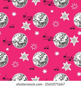Cartoon seamless pattern with silver disco ball, glitter stars and music notes.Gray and white colors on pink background.Print on fabric and paper.Vector design for textile,wallpaper.Flat illustration.