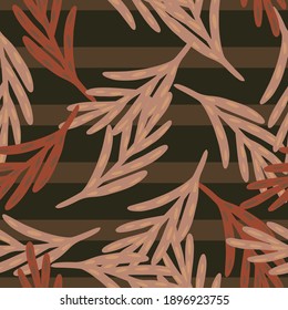 Cartoon seamless pattern with simple leaf twig silhouettes print in pink pale tones. Brown striped background. Flat vector print for textile, fabric, giftwrap, wallpapers. Endless illustration.