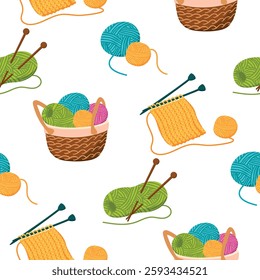 Cartoon seamless pattern with skeins of yarn, basket with threads and knitting needles. Blue, green,yellow, pink and beige colors on white background. Vector design for textile, wallpaper, cover.