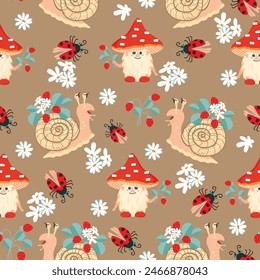 Cartoon seamless pattern with snail,mushroom and ladybug.Floral background with strawberries fruit leaves,flowers and cute characters.Print on fabric and paper.Vector design for nursery decor.