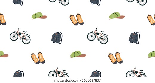 Cartoon seamless pattern with sneakers, bicycle, backpack and cap. Green, grey, yellow and brown colors objects on white background. Active recreation and tourism concept. Vector design for textile