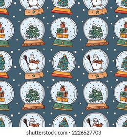 Dibujo sin fisuras con bolas de nieve. Ilustración de invierno vector cúpula. Arte de vacaciones con cómicos hombres de nieve, árboles y regalos