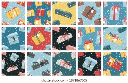 Cartoon Seamless Pattern with Snowy Christmas Gift Box. Creative Flat Style Art Work Collection. Actual vector drawing of Holiday Things Packing. Cozy Winter Illustration