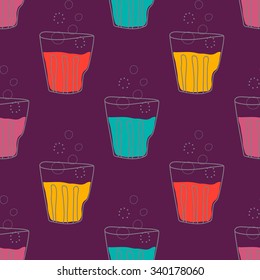Cartoon seamless pattern with soda in glass. Party background in vector. Funny illustration.