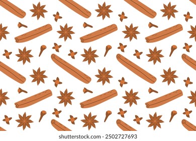 Cartoon seamless pattern with spices . Cloves, anise, cinnamon Vector food illustration on white background. Doodle flat illustration spice for hot drinks and food . Pattern for textile and paper 