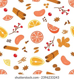 Dibujo sin fisuras con especias y frutas.Tejidos de mandarina, piezas de naranja y limón, jengibre, cardamomo, clavos, nuez moscada, anís, canela, bayas rojas.Ilustración vectorial sobre fondo blanco.