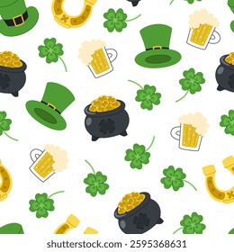 Cartoon seamless pattern for St. Patrick's Day. Pot of gold, leprechaun hat, horseshoe, beer mug and four-leaf clover.