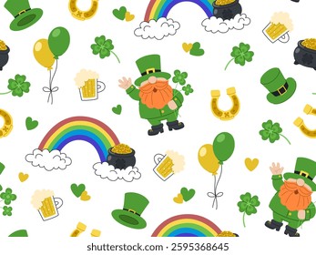 Cartoon seamless pattern for St. Patrick's Day. Rainbow with a pot of gold, leprechauns, horseshoes, clovers and beer.